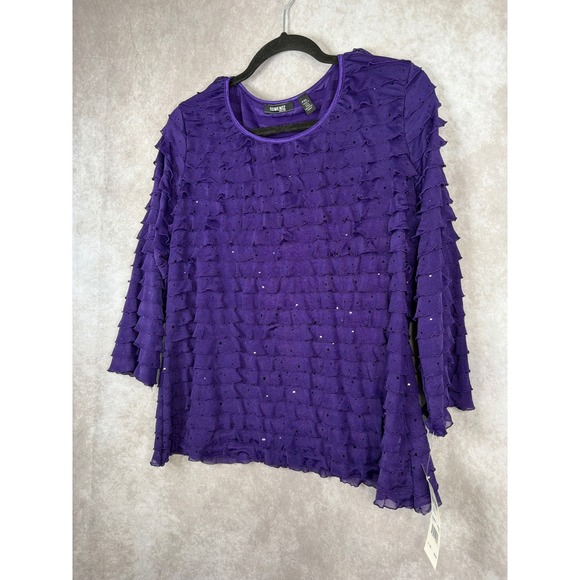 NWT Elementz Petite Purple Ruffle Sequin 3/4 Sleeve Top Womens  PETITE XL - Picture 2 of 6